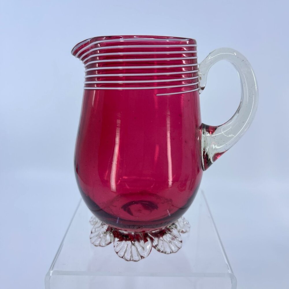 vintage handblown art glass cranberry pitcher white rigaree threading petal feet